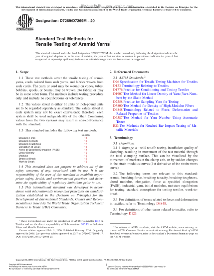 ASTM D7269/D7269M-2020 Standard Test Methods for Tensile Testing of Aramid Yarns