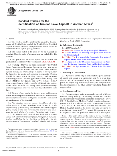 ASTM D6608-2020 Standard Practice for the Identification of Trinidad Lake Asphalt in Asphalt Mixes