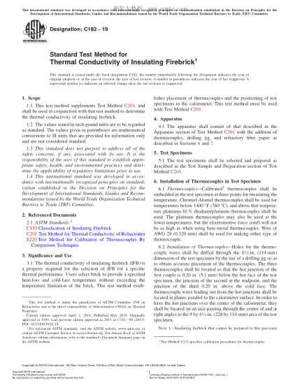 ASTM C182-2019 絕熱耐火磚導熱性測試方法 Standard Test Method for Thermal Conductivity of Insulating Firebrick