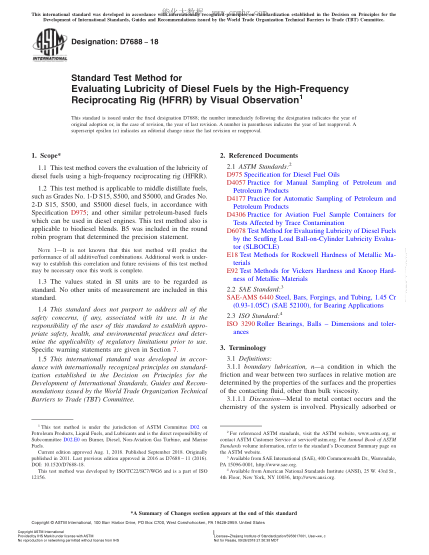 ASTM D7688-2018 Standard Test Method for Evaluating Lubricity of Diesel Fuels by the High-Frequency Reciprocating Rig (HFRR) by Visual Observation
