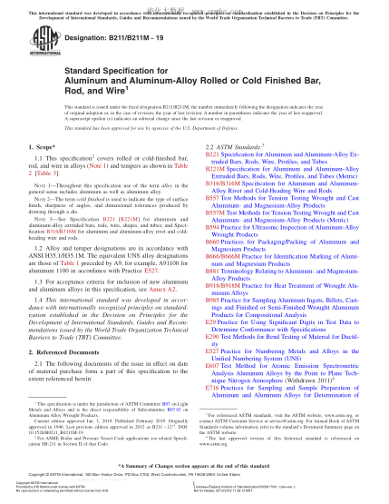 ASTM B211/B211M-2019 拉制無(wú)縫鋁和鋁合金管規格(米制) Standard Specification for Aluminum and Aluminum-Alloy Rolled or Cold Finished Bar, Rod, and Wire