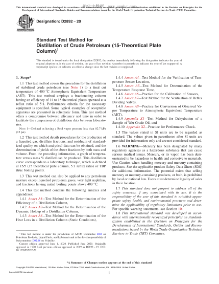 ASTM D2892-2020 Standard Test Method for Distillation of Crude Petroleum (15-Theoretical Plate Column)