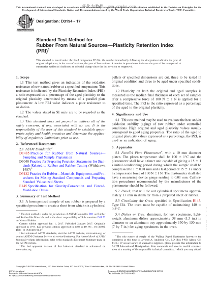 ASTM D3194-2017 天然橡膠塑性保持指數(PRI)測試方法 Standard Test Method for Rubber From Natural Sources—Plasticity Retention Index (PRI)