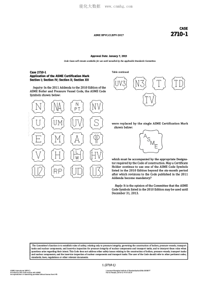 ASME BPVC-CC-BPV 2710-1-2017 Code Cases 2710-1:Boilers And Pressure Vessels