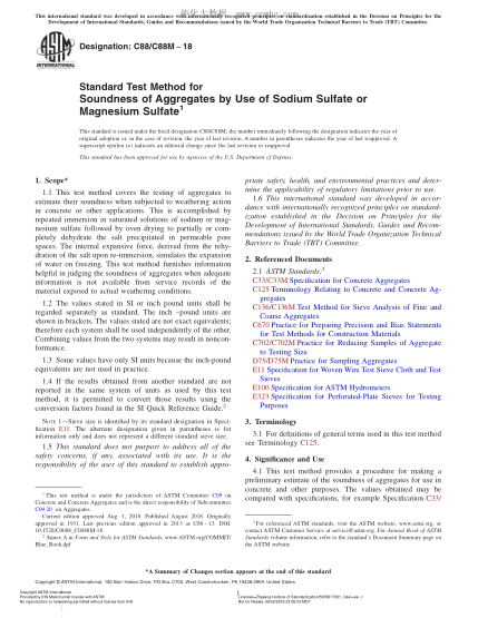 ASTM C88/C88M-2018 Standard Test Method for Soundness of Aggregates by Use of Sodium Sulfate or Magnesium Sulfate
