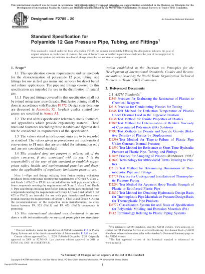 ASTM F2785-2020 Standard Specification for Polyamide 12 Gas Pressure Pipe, Tubing, and Fittings