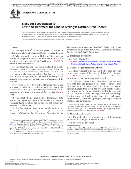 ASTM A283/A283M-2018 Standard Specification for Low and Intermediate Tensile Strength Carbon Steel Plates