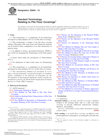 ASTM D5684-2019 有關(guān)簇絨地毯的術(shù)語(yǔ) Standard Terminology Relating to Pile Floor Coverings