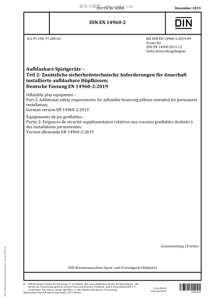 DIN EN 14960-2-2019 Inflatable play equipment – Part 2: Additional safety requirements for inflatable bouncing pillows intended for permanent installation