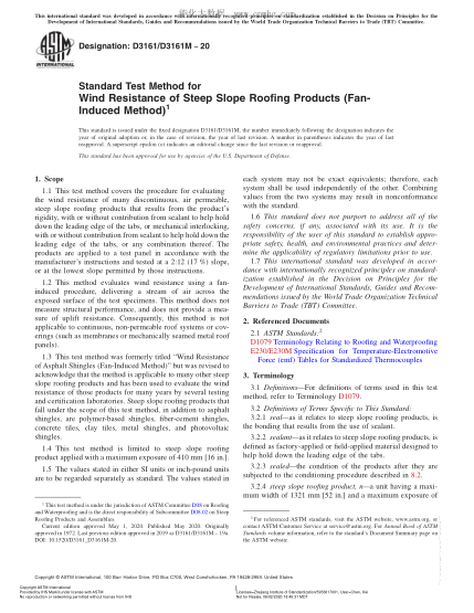 ASTM D3161/D3161M-2020 Standard Test Method for Wind Resistance of Steep Slope Roofing Products (Fan-Induced Method)