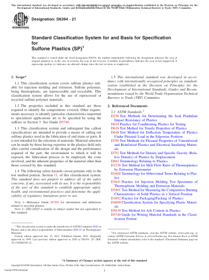 ASTM D6394-2021 Standard Classification System for and Basis for Specification for Sulfone Plastics (SP)