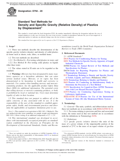 ASTM D792-2020 Standard Test Methods for Density and Specific Gravity (Relative Density) of Plastics by Displacement