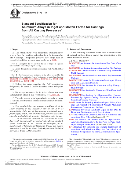 ASTM B179-2017所有鑄造工藝鑄件用鋁合金錠和溶融鋁合金的規格Standard Specification for Aluminum Alloys in Ingot and Molten Forms for Castings from All Casting Processes