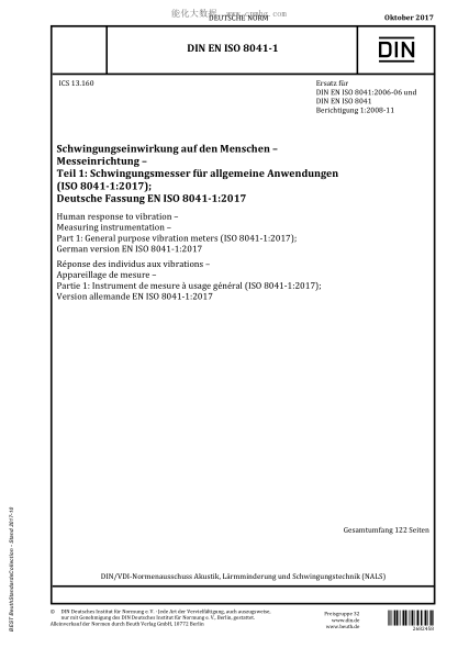 DIN EN ISO 8041-1-2017 Human response to vibration - Measuring instrumentation - Part 1: General purpose vibration meters (ISO 8041-1:2017); German version EN ISO 8041-1:2017