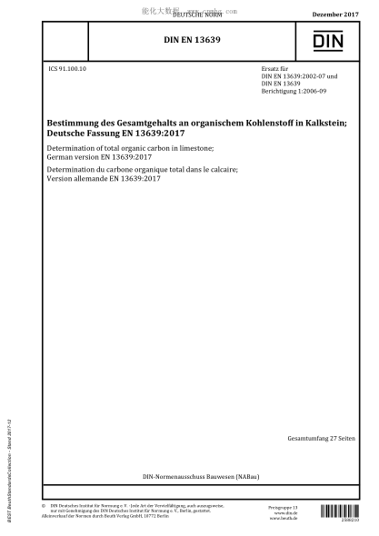 DIN EN 13639-2017 Determination of total organic carbon in limestone; German version EN 13639:2017