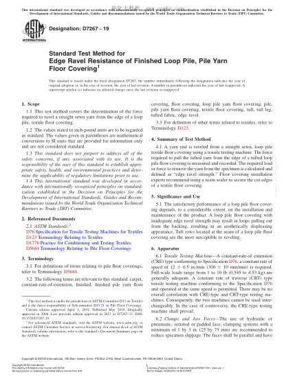 ASTM D7267-2019 Standard Test Method for Edge Ravel Resistance of Finished Loop Pile, Pile Yarn Floor Covering