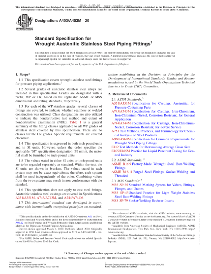ASTM A403/A403M-2020 Standard Specification for Wrought Austenitic Stainless Steel Piping Fittings