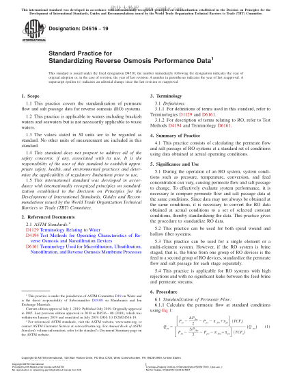 ASTM D4516-2019 反滲透性能數據標準化規程 Standard Practice for Standardizing Reverse Osmosis Performance Data