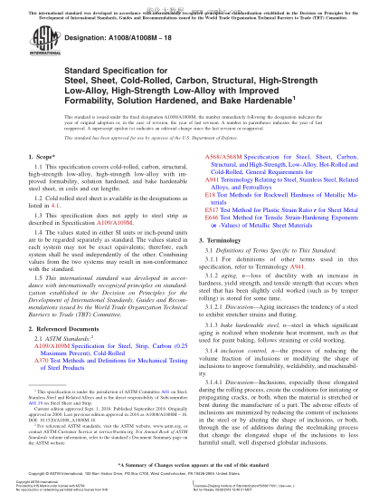 ASTM A1008/A1008M-2018 Standard Specification for Steel, Sheet, Cold-Rolled, Carbon, Structural, High-Strength Low-Alloy, High-Strength Low-Alloy with Improved Formability, Solution Hardened, and Bake Hardenable