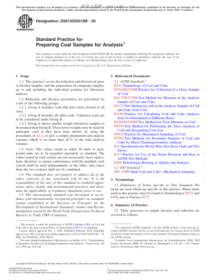 ASTM D2013/D2013M-2020 Standard Practice for Preparing Coal Samples for Analysis