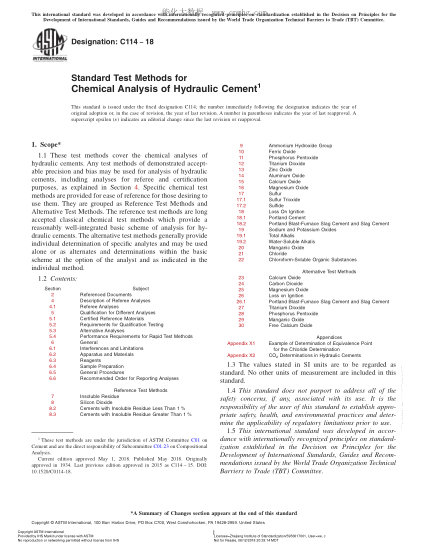 ASTM C114-2018 Standard Test Methods for Chemical Analysis of Hydraulic Cement