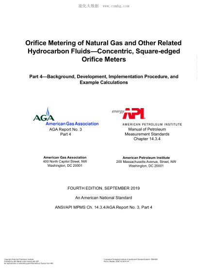 API MPMS 14.3.4-2019 Orifice Metering of Natural Gas and Other Related Hydrocarbon Fluids—Concentric, Square-edged Orifice Meters Part 4—Background, Development, Implementation Procedure, and Example Calculations (FOURTH EDITION)