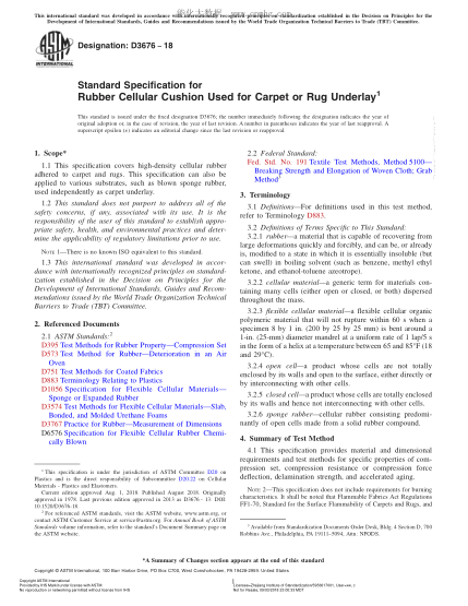 ASTM D3676-2018 Standard Specification for Rubber Cellular Cushion Used for Carpet or Rug Underlay