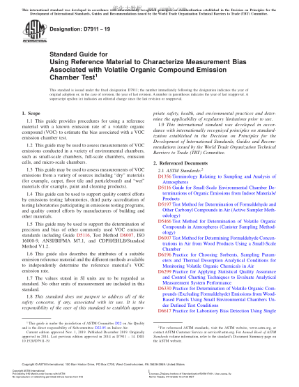 ASTM D7911-2019 Standard Guide for Using Reference Material to Characterize Measurement Bias Associated with Volatile Organic Compound Emission Chamber Test