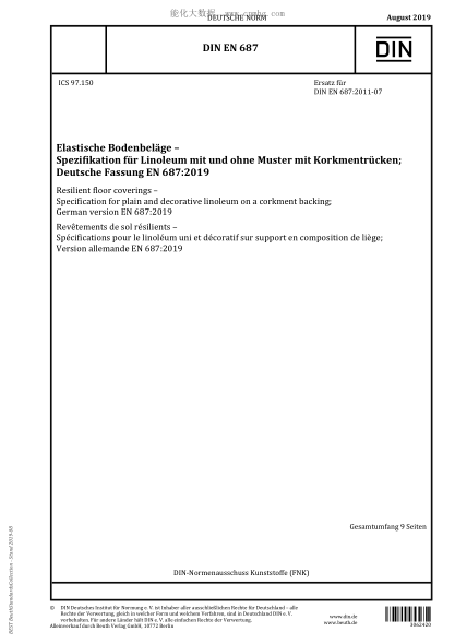 DIN EN 687-2019 Resilient floor coverings - Specification for plain and decorative linoleum on a corkment backing