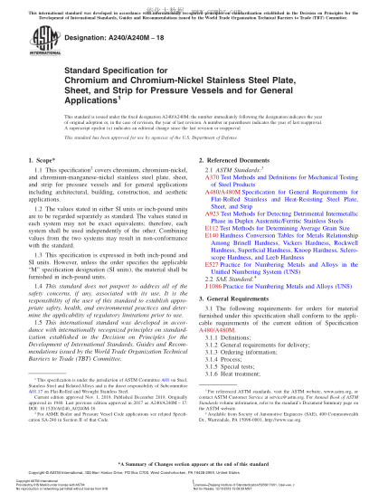 ASTM A240/A240M-2018 Standard Specification for Chromium and Chromium-Nickel Stainless Steel Plate, Sheet, and Strip for Pressure Vessels and for General Applications