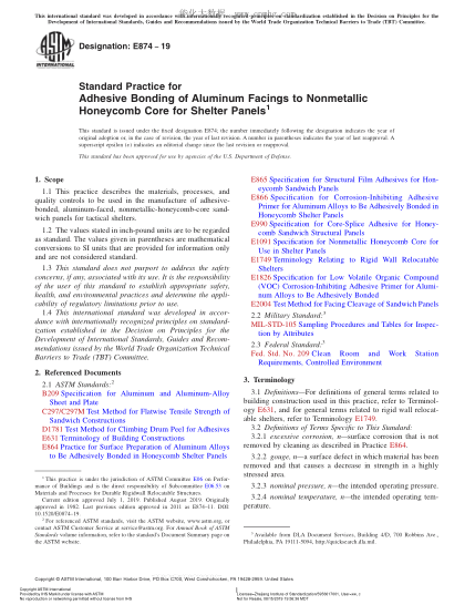 ASTM E874-2019 掩體板用鋁飾面與非金屬蜂窩芯子附著(zhù)粘合規程 Standard Practice for Adhesive Bonding of Aluminum Facings to Nonmetallic Honeycomb Core for Shelter Panels