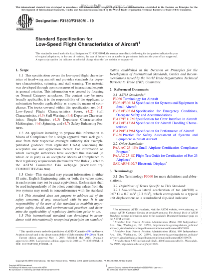 ASTM F3180/F3180M-2019 飛機低速飛行性能規范 Standard Specification for Low-Speed Flight Characteristics of Aircraft