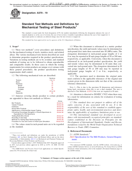 ASTM A370-2019 鋼產(chǎn)品機械測試方法及定義 Standard Test Methods and Definitions for Mechanical Testing of Steel Products