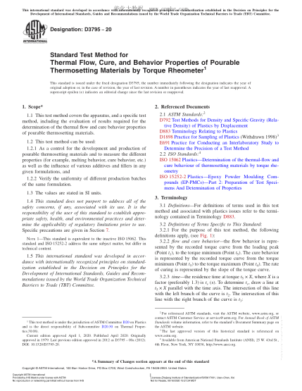 ASTM D3795-2020 Standard Test Method for Thermal Flow, Cure, and Behavior Properties of Pourable Thermosetting Materials by Torque Rheometer