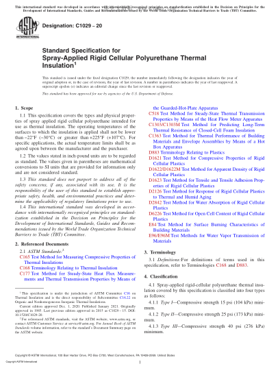 ASTM C1029-2020 Standard Specification for Spray-Applied Rigid Cellular Polyurethane Thermal Insulation