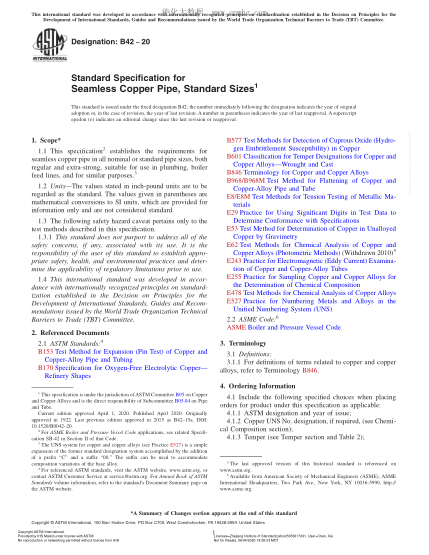 ASTM B42-2020 Standard Specification for Seamless Copper Pipe, Standard Sizes