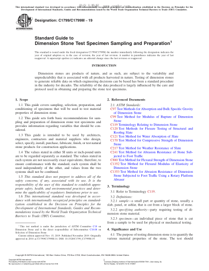 ASTM C1799/C1799M-2019 Standard Guide to Dimension Stone Test Specimen Sampling and Preparation