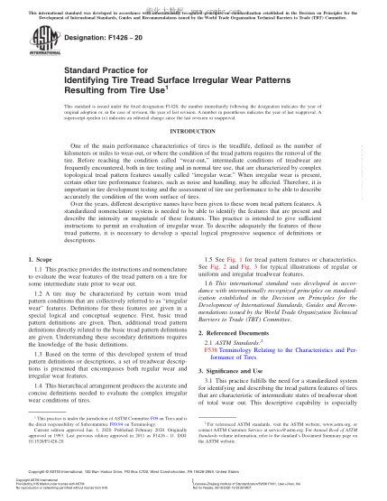 ASTM F1426-2020 Standard Practice for Identifying Tire Tread Surface Irregular Wear Patterns Resulting from Tire Use