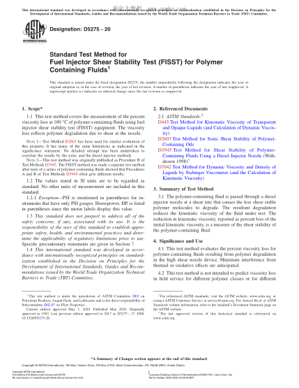 ASTM D5275-2020 Standard Test Method for Fuel Injector Shear Stability Test (FISST) for Polymer Containing Fluids