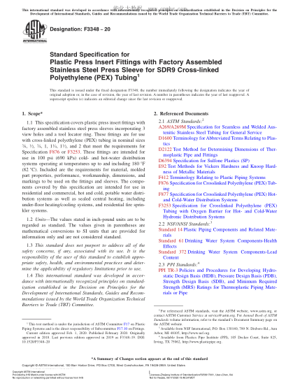 ASTM F3348-2020 Standard Specification for Plastic Press Insert Fittings with Factory Assembled Stainless Steel Press Sleeve for SDR9 Cross-linked Polyethylene (PEX) Tubing
