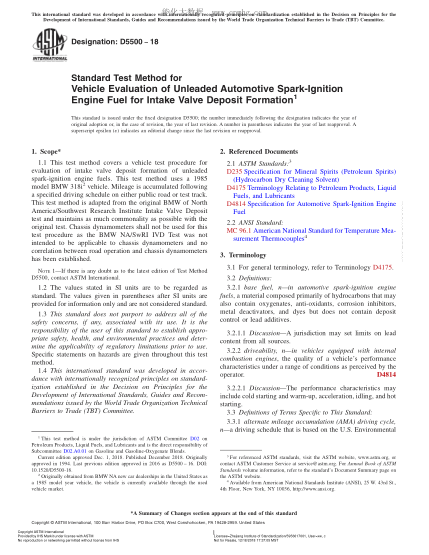 ASTM D5500-2018 Standard Test Method for Vehicle Evaluation of Unleaded Automotive Spark-Ignition Engine Fuel for Intake Valve Deposit Formation