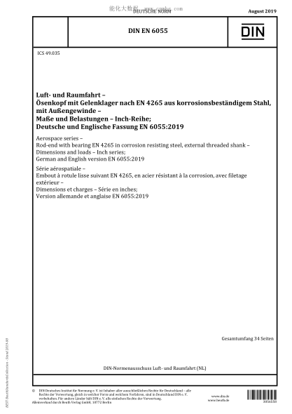 DIN EN 6055-2019 Aerospace series - Rod-end with bearing EN 4265 in corrosion resisting steel, external threaded shank - Dimensions and loads - Inch series
