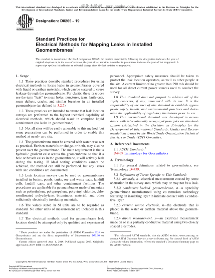 ASTM D8265-2019 已安裝土工膜泄漏電氣方法規程 Standard Practices for Electrical Methods for Mapping Leaks in Installed Geomembranes