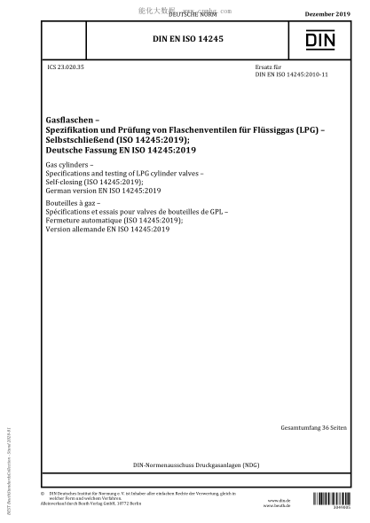 DIN EN ISO 14245-2019 Gas cylinders - Specifications and testing of LPG cylinder valves - Self-closing (ISO 14245:2019)