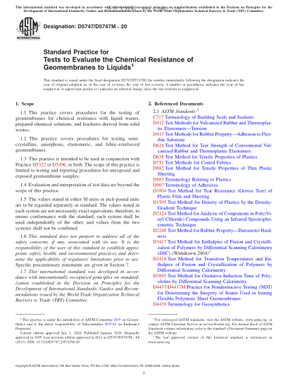ASTM D5747/D5747M-2020 Standard Practice for Tests to Evaluate the Chemical Resistance of Geomembranes to Liquids