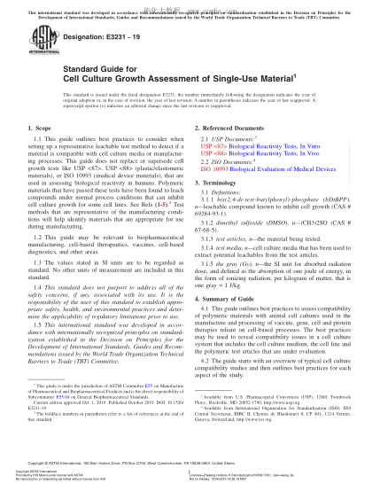 ASTM E3231-2019 Standard Guide for Cell Culture Growth Assessment of Single-Use Material