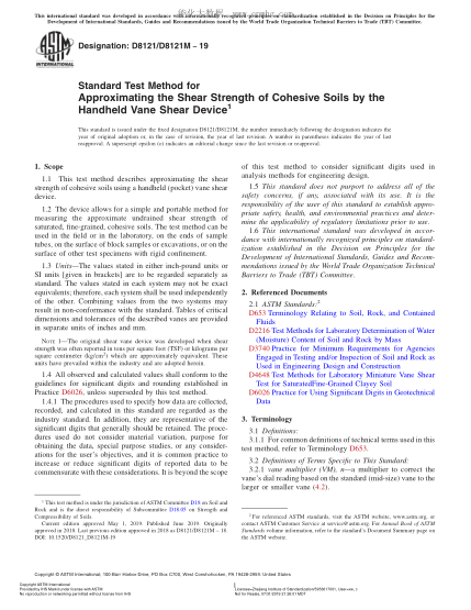 ASTM D8121/D8121M-2019 Standard Test Method for Approximating the Shear Strength of Cohesive Soils by the Handheld Vane Shear Device