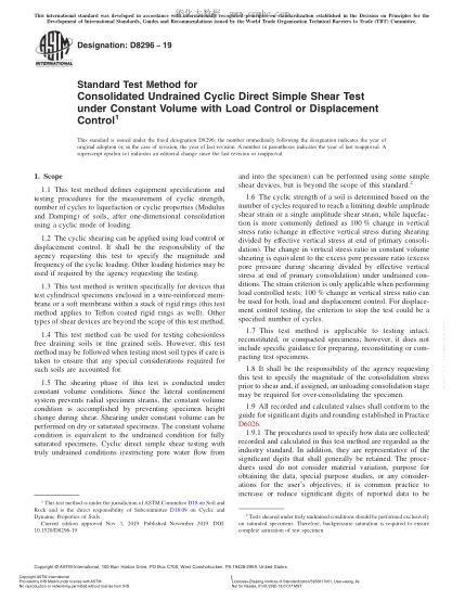ASTM D8296-2019 Standard Test Method for Consolidated Undrained Cyclic Direct Simple Shear Test under Constant Volume with Load Control or Displacement Control