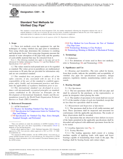 ASTM C301-2018 Standard Test Methods for Vitrified Clay Pipe