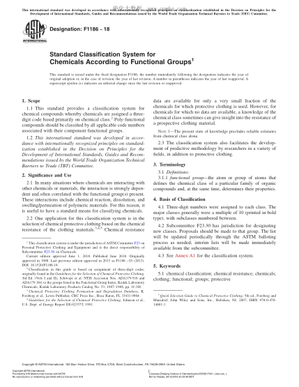 ASTM F1186-2018 Standard Classification System for Chemicals According to Functional Groups